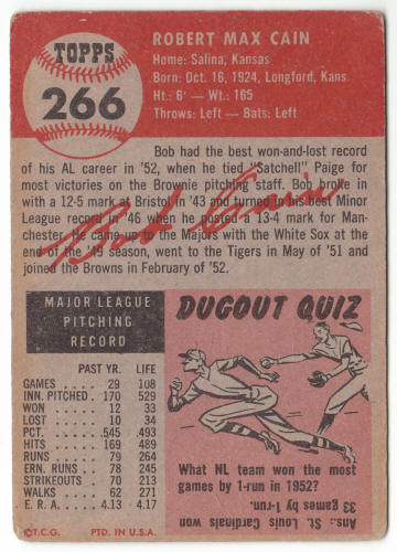 1953 Topps Bob Cain #266 back
