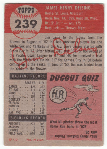 1953 Topps Jim Delsing #239 back