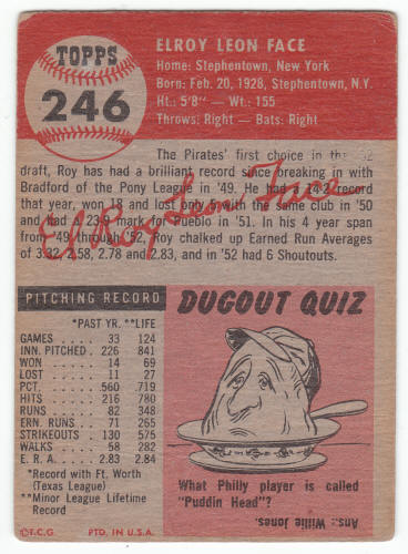 1953 Topps #246 Roy Face rookie card back