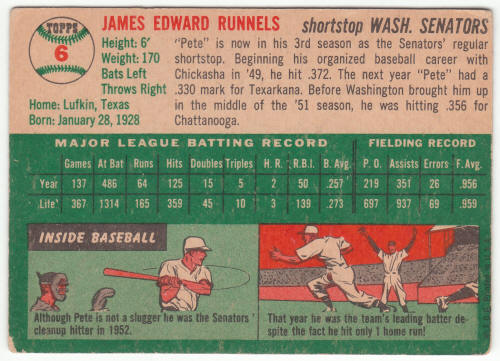 1954 Topps #6 Pete Runnels back