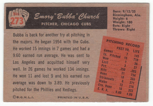 1955 Bowman Emory Bubba Church #273
