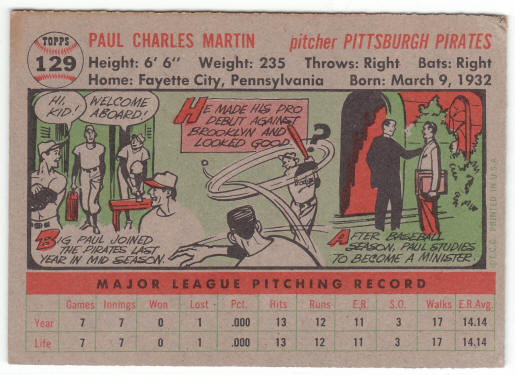 1956 Topps Baseball #129 Jake Martin Rookie Card