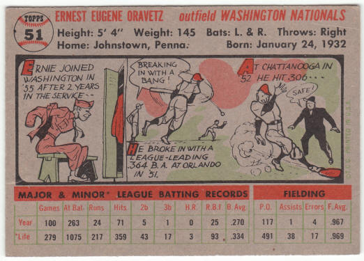 1956 Topps Baseball #51 Ernie Oravetz Rookie Card