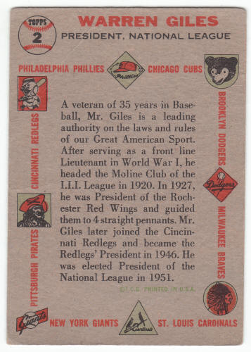 1956 Topps Warren Giles #2 Rookie Card