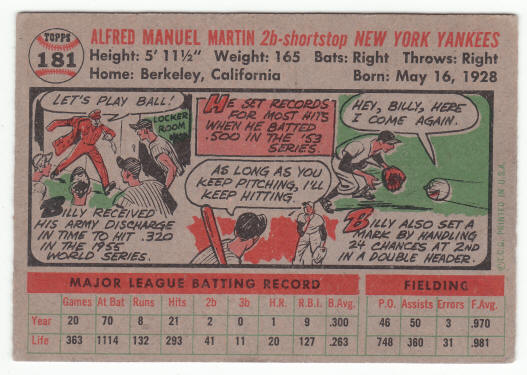 1956 Topps 181 Billy Martin back