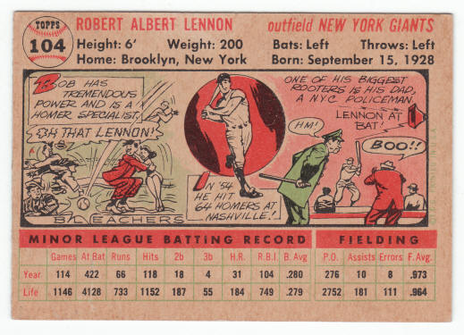 1956 Topps #104 Bob Lennon back