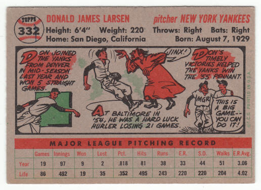 1956 Topps 332 Don Larsen back