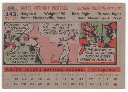 1956 Topps Jim Piersall #143 back