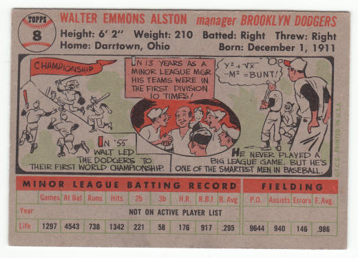 1956 Topps #8 Walter Alston Manager Rookie Card