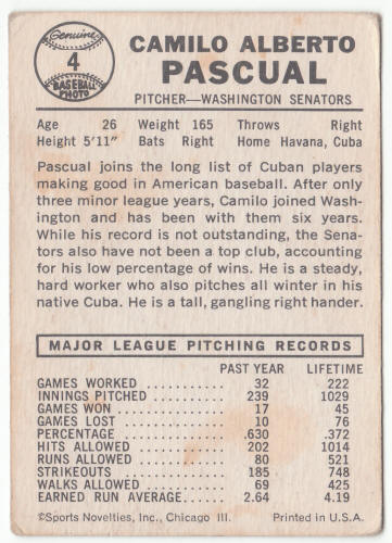 1960 Leaf #4 Camilo Pascual back