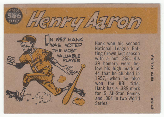 1960 Topps Baseball Hank Aaron AS #566 back