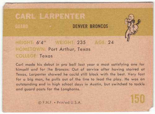 1961 Fleer Football #150 Carl Larpenter