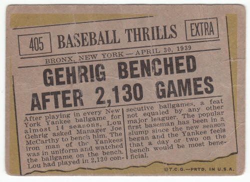 1961 Topps Baseball Lou Gehrig The Streak #405 back