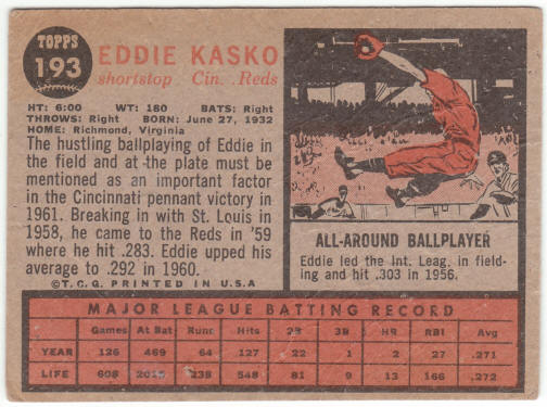 1962 Topps Baseball #193 Eddie Kasko