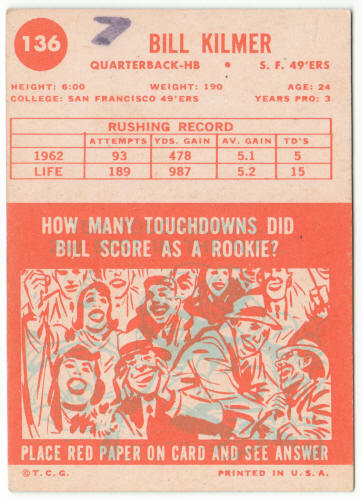1963 Topps Football #136 Billy Kilmer