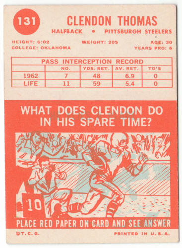 1963 Topps Football #131 Clendon Thomas Rookie Card