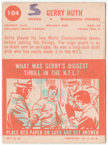 1963 Topps Football #104 Gerry Huth Rookie Card