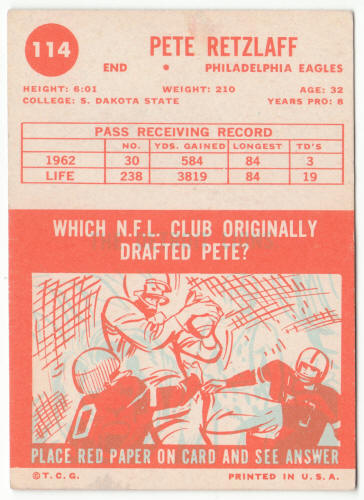 1963 Topps Football #114 Pete Retzlaff