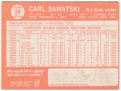 1964 Topps Baseball #24 Carl Sawatski