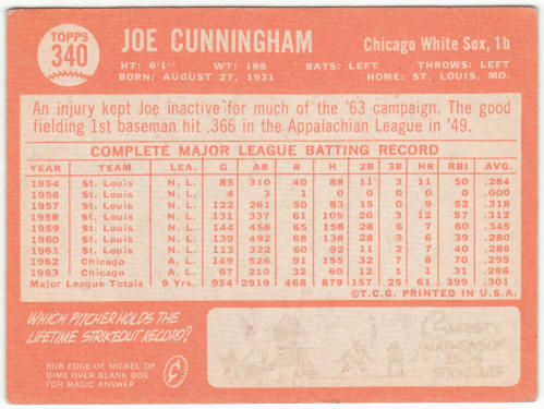 1964 Topps Baseball #340 Joe Cunningham