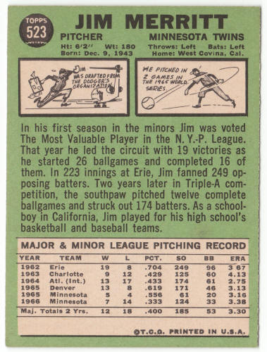 1967 Topps #523 Jim Merritt back