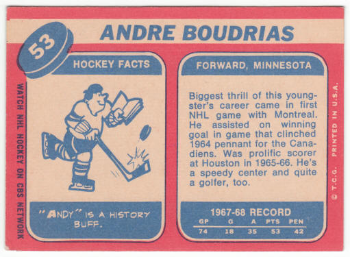 1968-69 Topps Hockey #53 Andre Boudrias Rookie Card