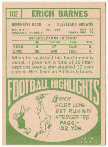 1968 Topps Football #102 Erich Barnes
