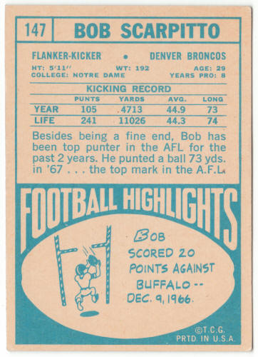 1968 Topps Football #147 Bob Scarpitto