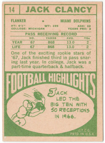 1968 Topps Football #14 Jack Clancy Rookie Card