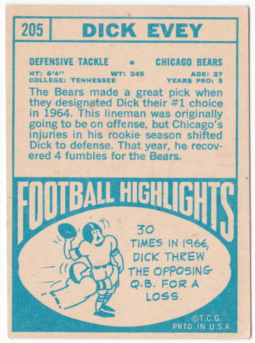 1968 Topps Football #205 Dick Evey