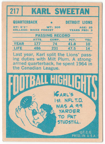 1968 Topps Football #217 Karl Sweetan