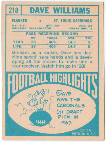 1968 Topps Football #218 Dave Williams Rookie Card