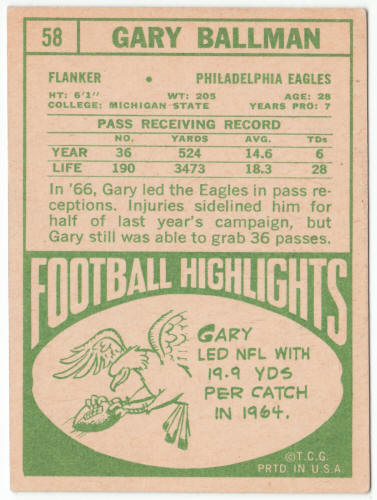 1968 Topps Football #58 Gary Ballman