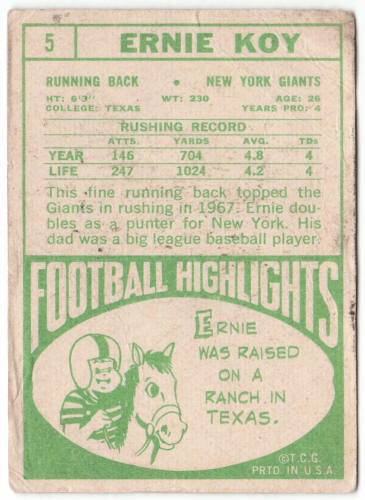 1968 Topps Football #5 Ernie Koy Rookie Card