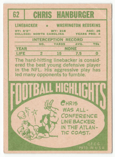 1968 Topps Football 62 Chris Hanburger back
