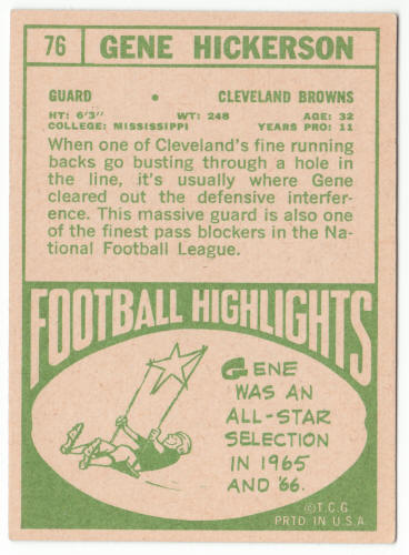 1968 Topps Football 76 Gene Hickerson back