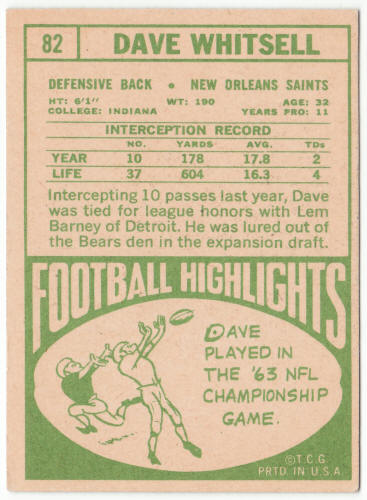 1968 Topps Football #82 Dave Whitsell