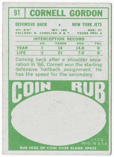 1968 Topps Football #91 Cornell Gordon Rookie Card