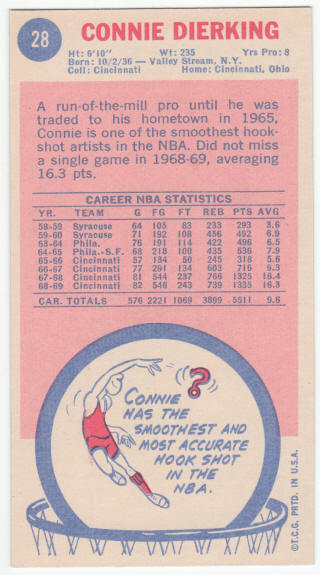 1969-70 Topps #28 Connie Dierking Rookie Card back