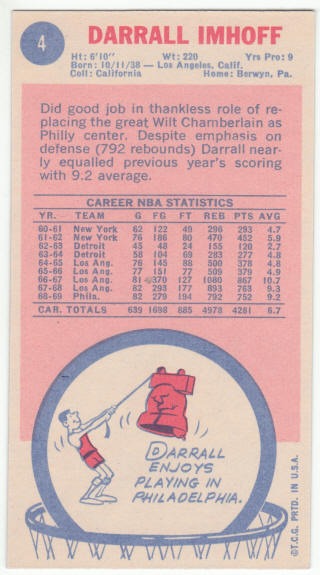 1969-70 Topps #4 Darrall Imhoff Rookie Card back