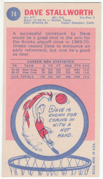 1969-70 Topps #74 Dave Stallworth Rookie Card back