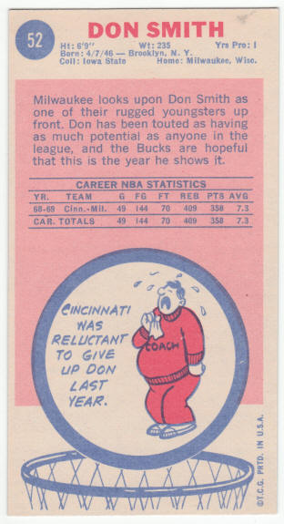 1969-70 Topps #52 Don Smith Rookie Card back
