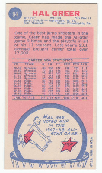 1969-70 Topps #84 Hal Greer back
