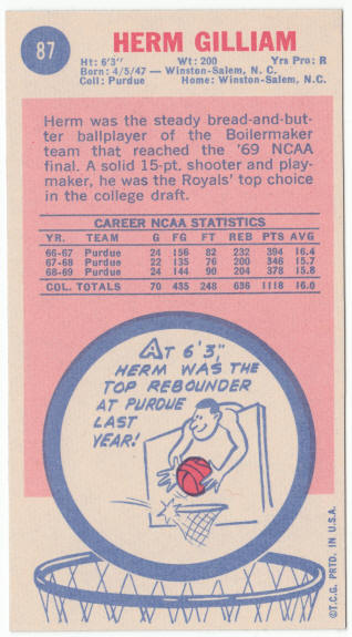 1969-70 Topps #87 Herm Gilliam rookie card back
