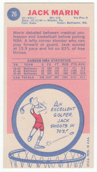 1969-70 Topps #26 Jack Marin rookie card back