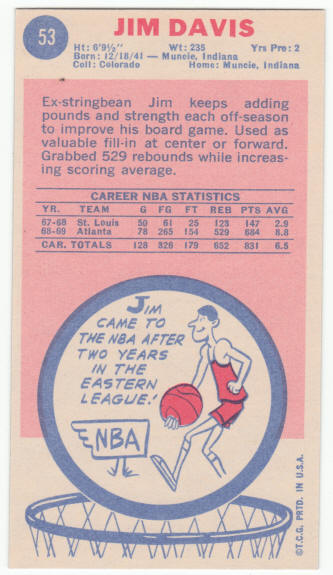 1969-70 Topps #53 Jim Davis Rookie Card back