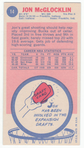 1969-70 Topps #14 Jon McGlocklin Rookie Card