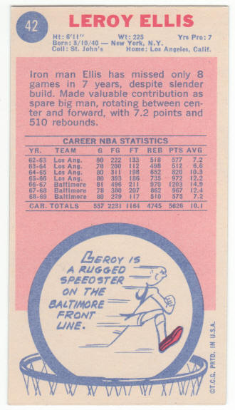 1969-70 Topps #42 Leroy Ellis Rookie Card back
