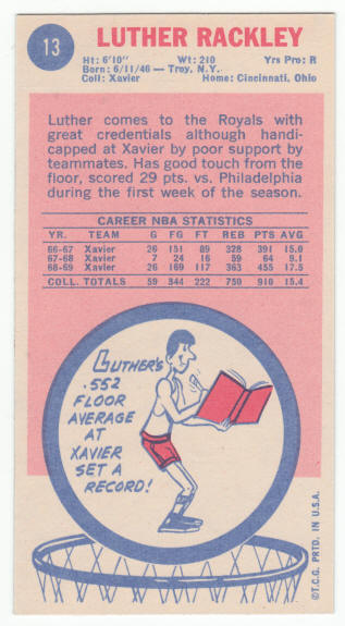 1969-70 Topps #13 Luther Rackley rookie card back