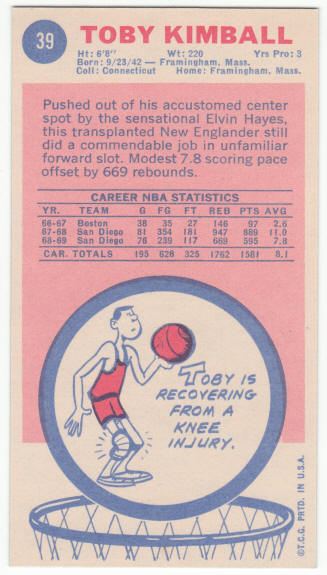 1969-70 Topps #39 Toby Kimball Rookie Card back